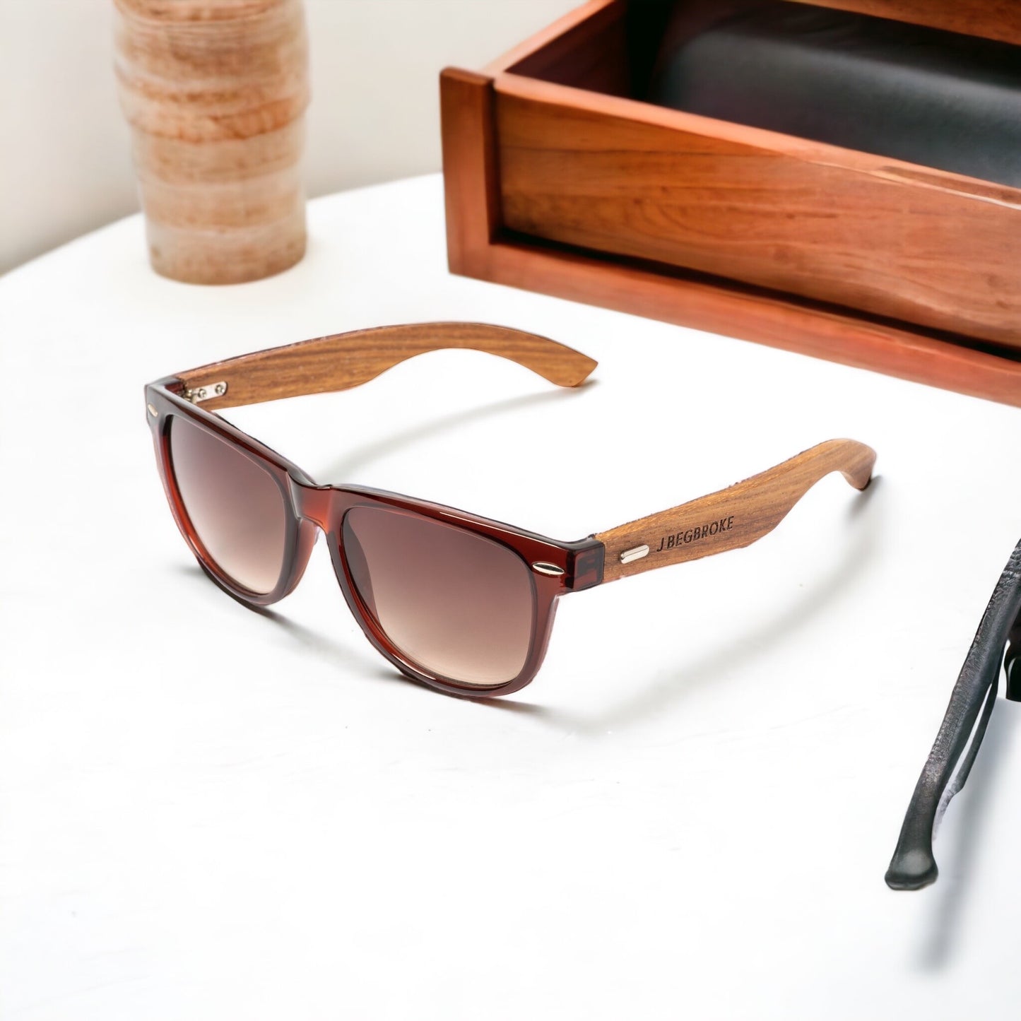 J Begbroke Wooden Sunglasses, Mens & Women, 400UV Protection, CE Marked, Cork Case, Unisex, Brown Frame