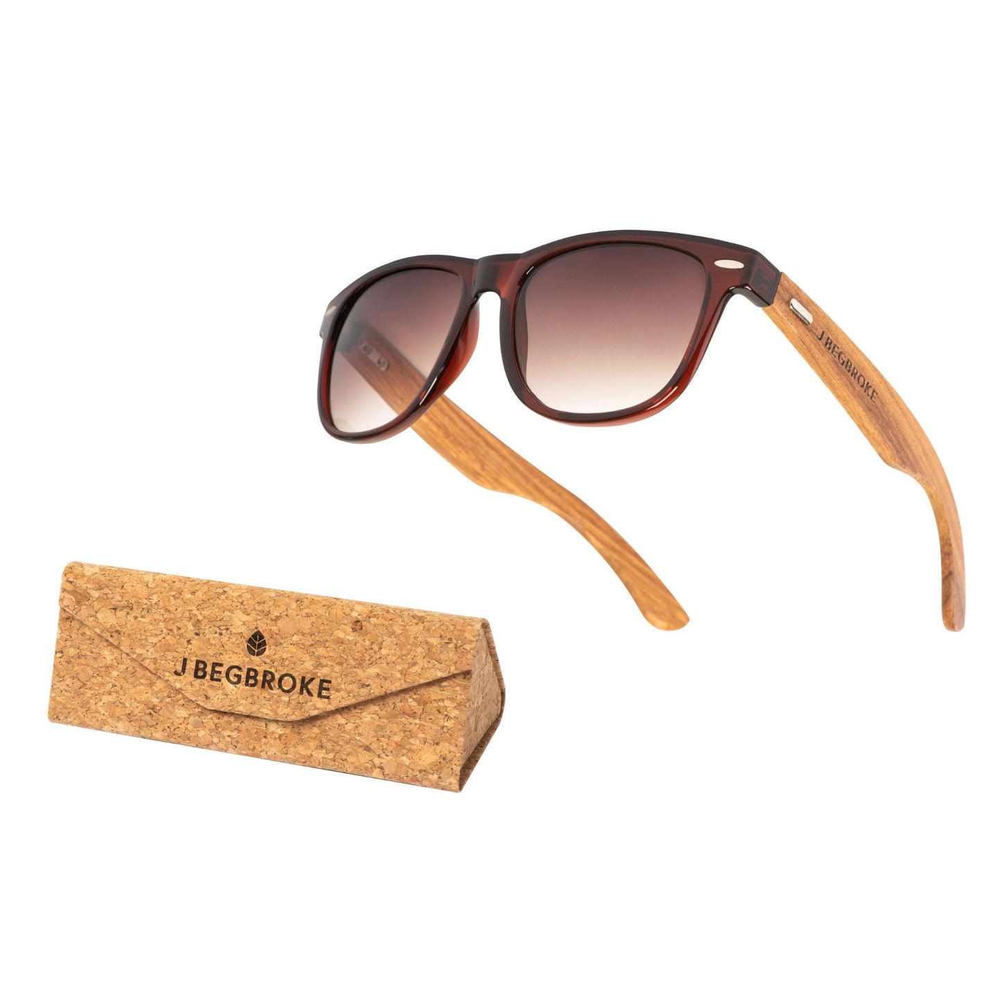 J Begbroke Wooden Sunglasses, Mens & Women, 400UV Protection, CE Marked, Cork Case, Unisex, Brown Frame