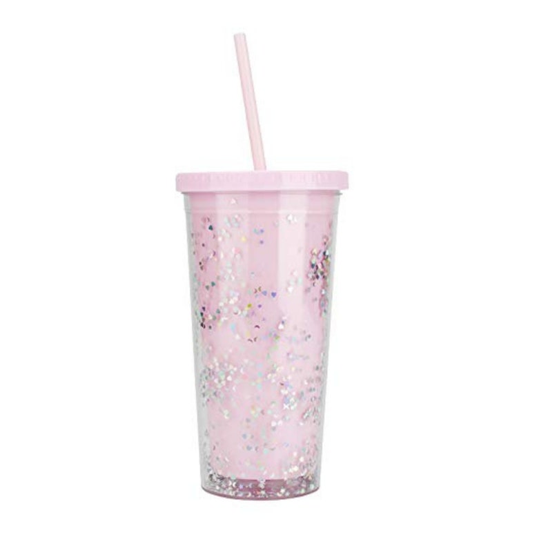 Pink Tumbler with Straw and Lid, Glitter 20oz Insulated Double Wall Clear Acrylic Travel Cup